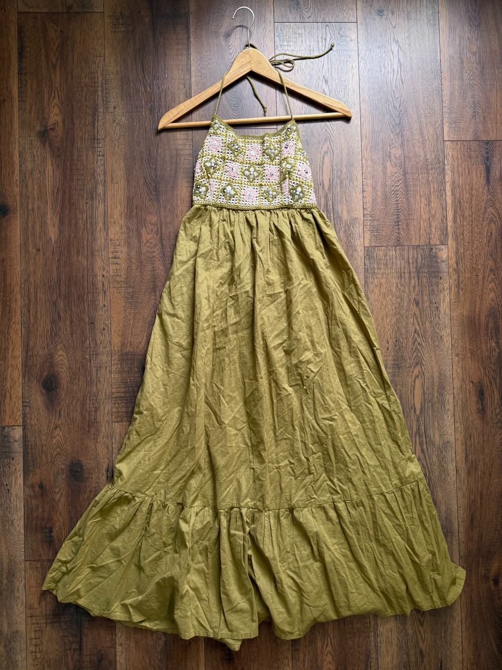 Zara Olive Crochet Sequin Halter Maxi Dress Small - Picture 1 of 7